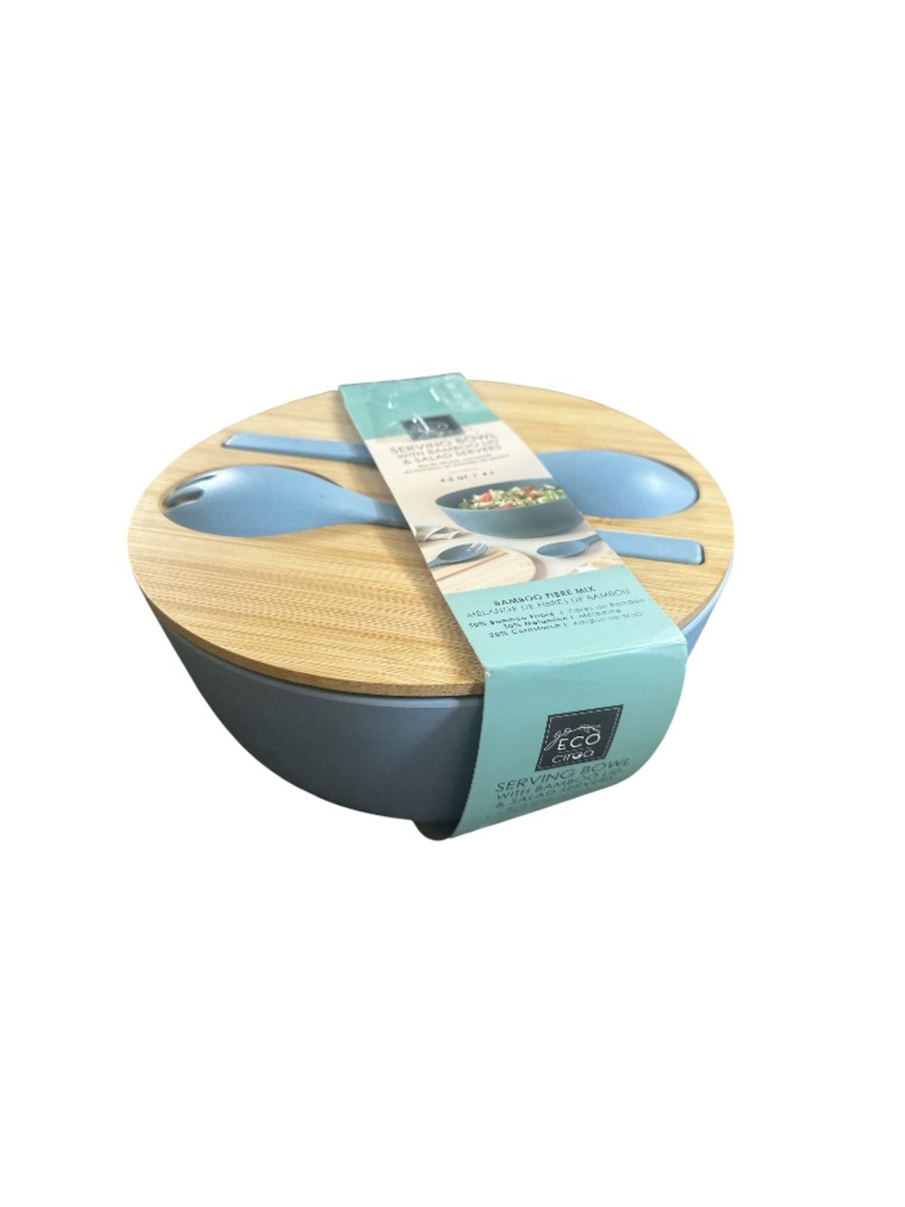 Eco Circa Blue Serving Bowl with Bamboo Lid and Salad Servers